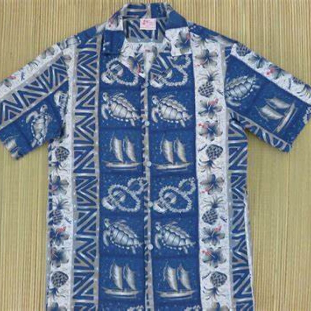 Vintage KALENA FASHIONS Blue White Turtles Floral Canoes Hawaiian Shirt Men's L